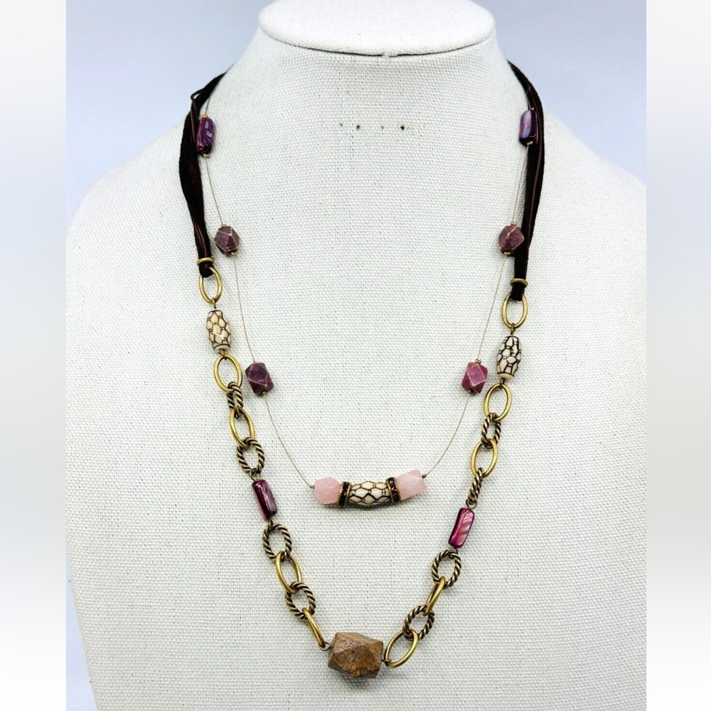 Chicos Necklace Layered Chain Pink Purple Brown Beaded Gold Tone